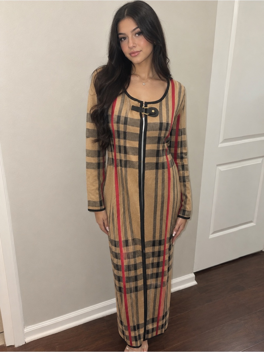 Anne Klein Camel Plaid Long Sleeve Knit Dress with Red Stripes